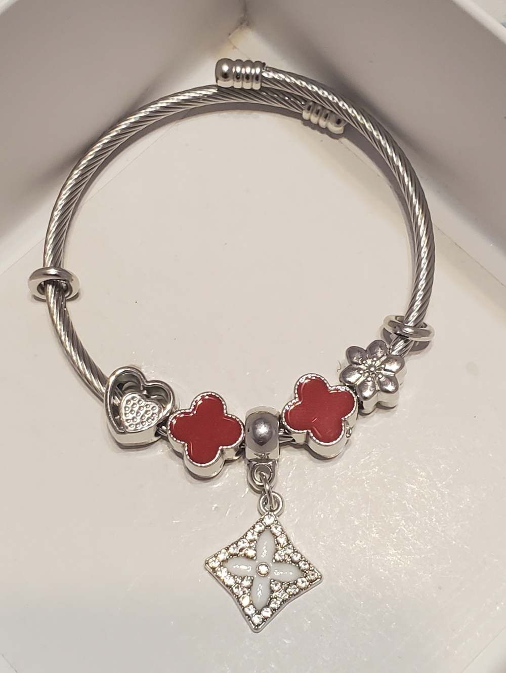 Stainless Steel Red Quatrefoil Clover & Heart Charm Adjustable Bangle Bracelet